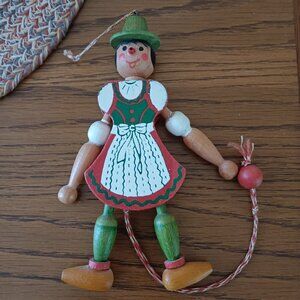 Austria Tiroler Harlequin Wooden String Girl Puppet 1950's Handmade Vintage